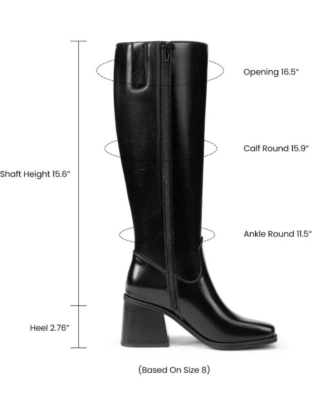 Women's Black Chunky Block Heel Square Toe Side Zipper Knee High Boots